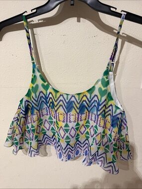 Lagaci Green, Blue & Yellow Patterned Ruffle Crop Tank